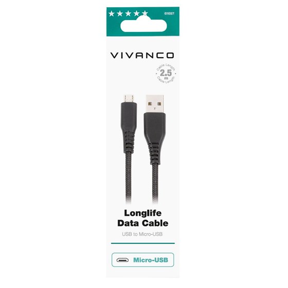 Kabel VIVANCO 61697 Micro-USB, 2.5m, pleteni crni