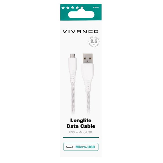 Kabel VIVANCO 61698 Micro-USB, 2.5m, pleteni bijeli