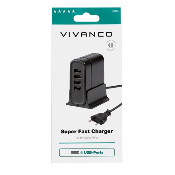 Strujni punjač VIVANCO 38825, 8A USBx4, crni