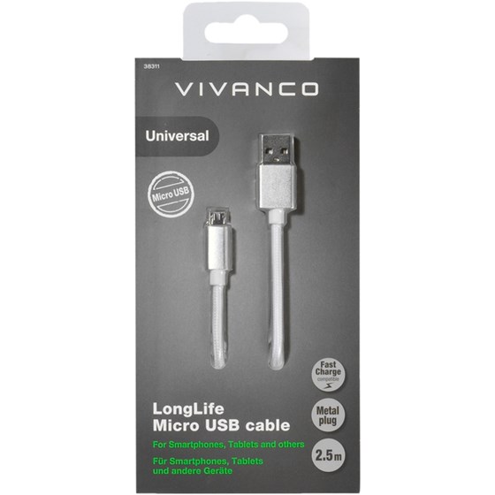 OŠTEĆENA AMBALAŽA - Kabel VIVANCO 38311, Micro-USB, 2.5m, pleteni srebrni