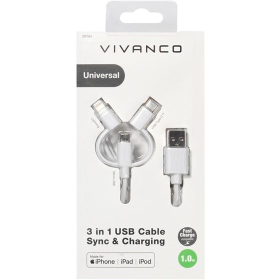 OŠTEĆENA AMBALAŽA - Kabel VIVANCO 38784, Micro-USB, Lightning, Type-C, 1m, bijeli