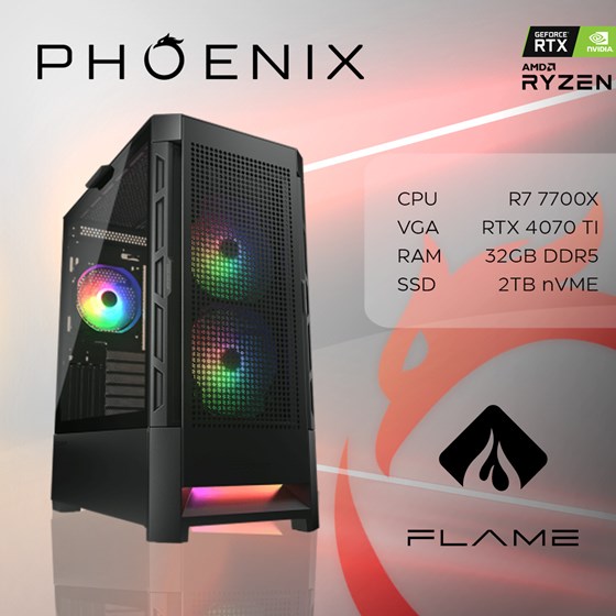 Računalo Phoenix FLAME Y-576 AMD Ryzen 7700X/32GB DDR5/NVME SSD 2TB/750W 80+ GOLD/VGA RTX 4070TI SUPER 16GB