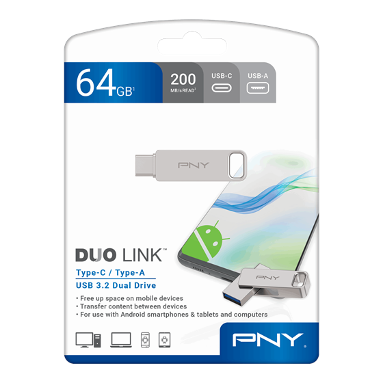 USB stick PNY DUO LINK Type C, 64GB, USB3.2, srebrni
