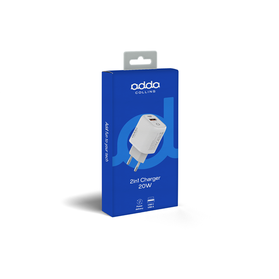 Zidni punjač Adda Collins CH-002-WH,20W,  2u1, QC3.0 USB-A + PD 20W Type-C, bijeli
