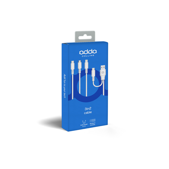 Kabel Adda Collins USB-001-WH, 3u2, USB-A/Type-C na Micro USB/Type-C/8pin,10W, Premium TPE, 1.2m, bijeli