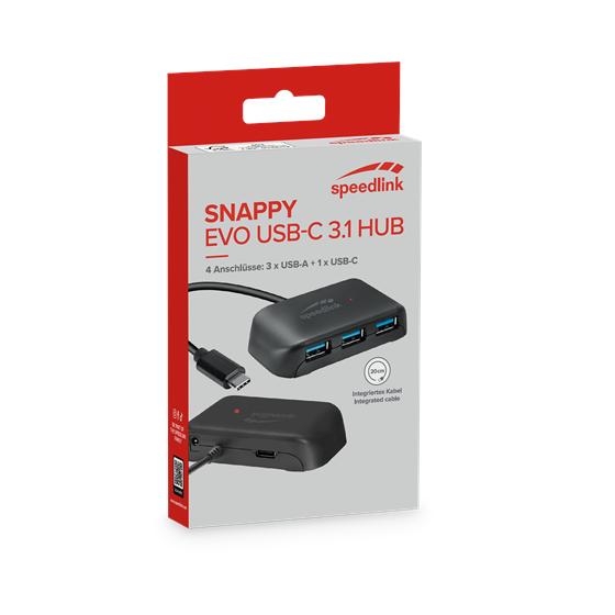 Hub SPEEDLINK Snappy EVO, 4 portni, Type-C na USB3.0, USB 3.1 Gen 1, USB 3.2 Gen 1 (5 Gbit-s), pasivni, crni