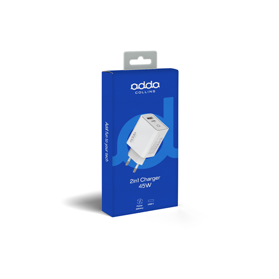 Zidni punjač Adda Collins CH-006-WH, GaN Fast Charger 2u1, USB A + Type-C, 45W, bijeli