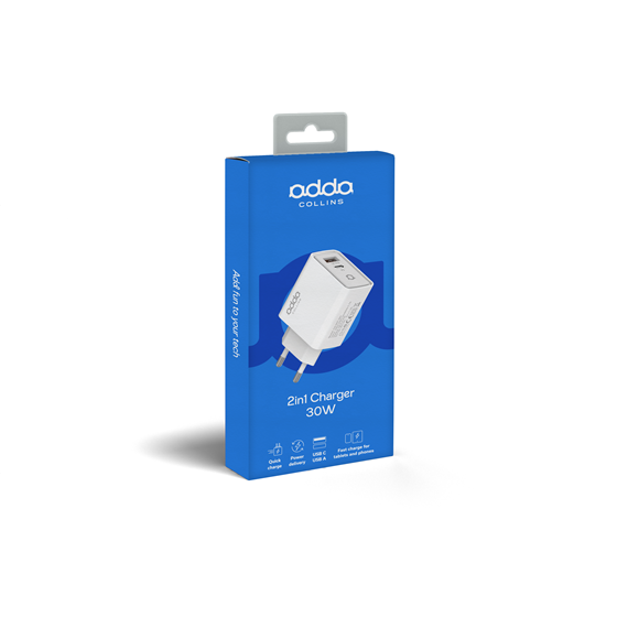 Zidni punjač Adda Collins CH-007-WH, USB-A i Type C izlazi, 30W, bijela