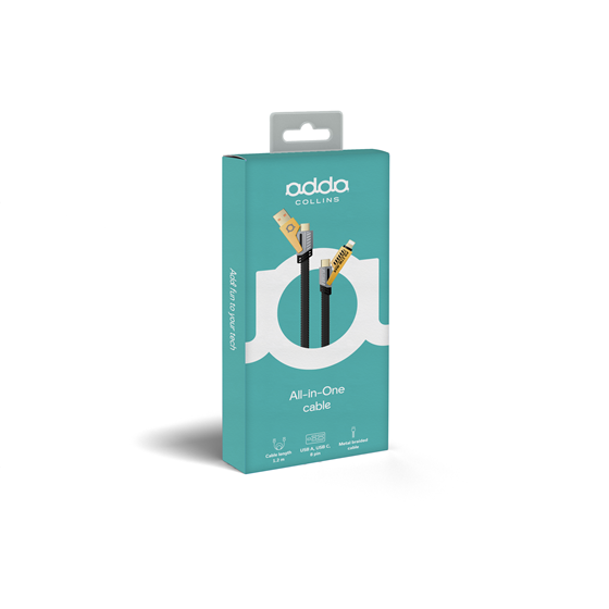 Kabel Adda Collins USB-002-BK, 4u1, Type C/USB-A na Type C /  8 pin, braided, 1.2m, 65w, crni