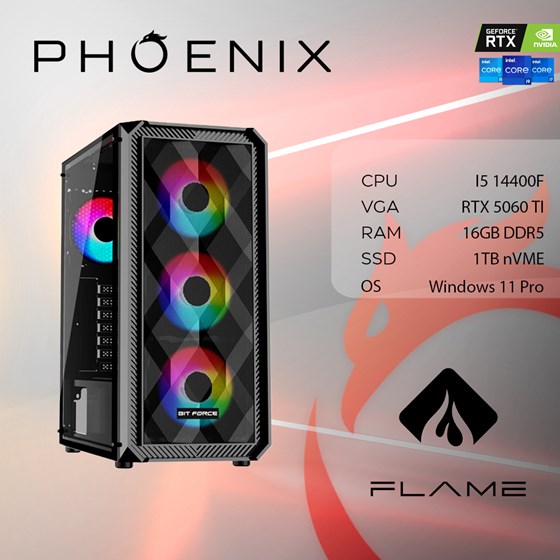 Računalo Phoenix FLAME X-512 Intel i5 14400F/16GB DDR5/NVME SSD 1TB/RTX 5060 TI 8GB/600W 80+/Windows 11 PRO