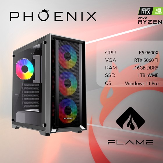 Računalo Phoenix FLAME X-518 AMD Ryzen 5 9600X/16GB DDR5/NVME SSD 1TB/RTX 5060 TI 8GB/600W 80+/Windows 11 PRO