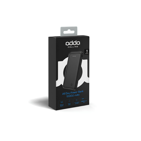 Powerbank Adda Collins PB-006-BK, 10000mAh, Type-C ulazi, USB-A i Type C izlazi, 10W,crna