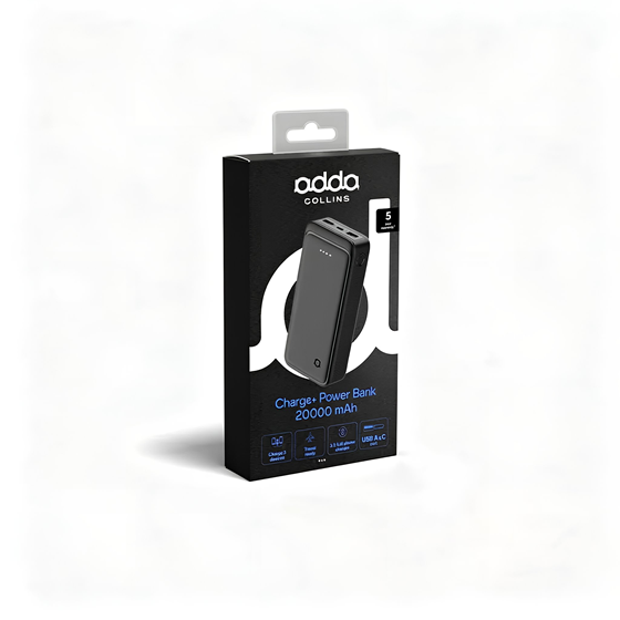 Powerbank Adda Collins PB-007-BK, 20000mAh, Type-C ulaz, USB-A i Type C izlazi, 10W, crna
