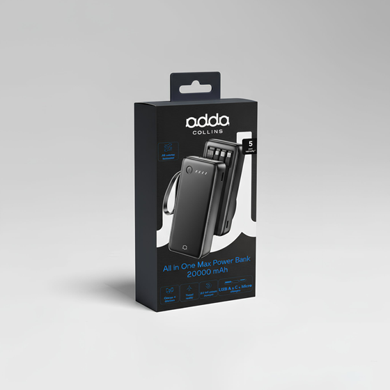 Powerbank Adda Collins PB-009-BK, 20000mAh, Micro USB i Type-C ulazi, USB-A  Type C Micro i 8pin izlazi, 2.1A, crna