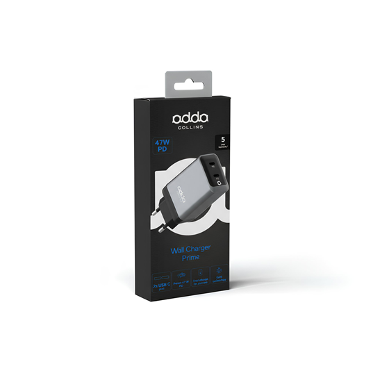 Zidni punjač Adda Collins CH-015-GM, 2 x Type C izlazi, 47W, GaN, gun metal