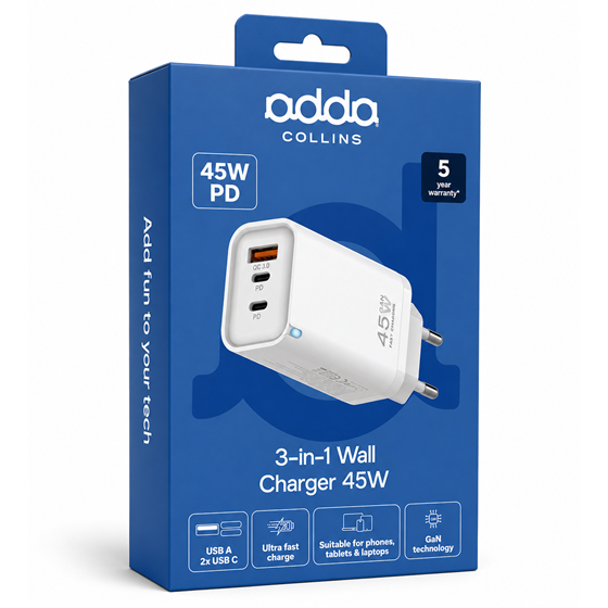 Zidni punjač Adda Collins CH-061-WH, GaN Fast Charger 3u1, USB A + 2 x Type-C, 45W, bijeli