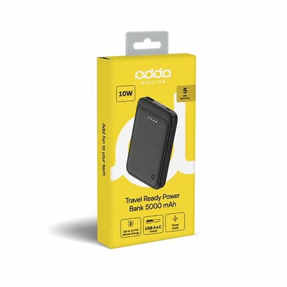 Powerbank Adda Collins PB-004-BK, 5000mAh, Micro i Type C ulazi, USB-A izlaz, 2A, crna