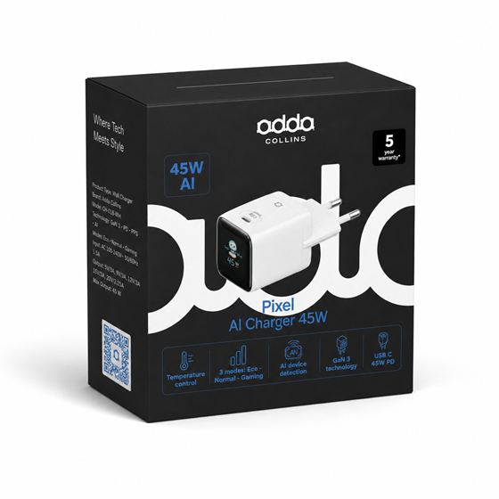 Zidni punjač Adda Collins CH-018-WH, 45W, Type-C, GaN, bijeli