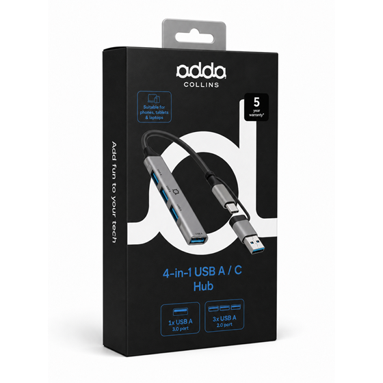 Hub 2u1 USB A/USB-C Adda Collins HUB-004-GM, 4 portni,1 x USB 3.0, 3 x USB2.0, gun metal