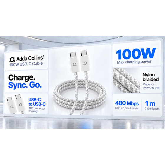 Kabel Adda Collins USB-206-WH, Type-C na Type-C, 100W, pleteni, 1m, bijeli